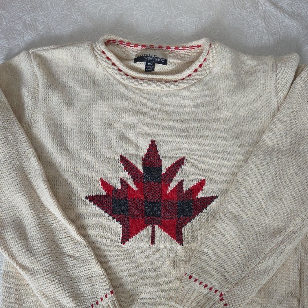 Cream Sweater with Red Maple Leaf Design